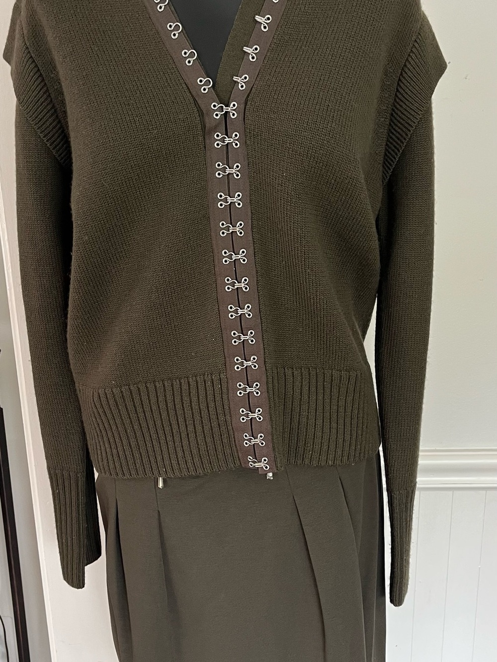 Worth Olive Green Hook-Front V-Neck Sweater and Skirt